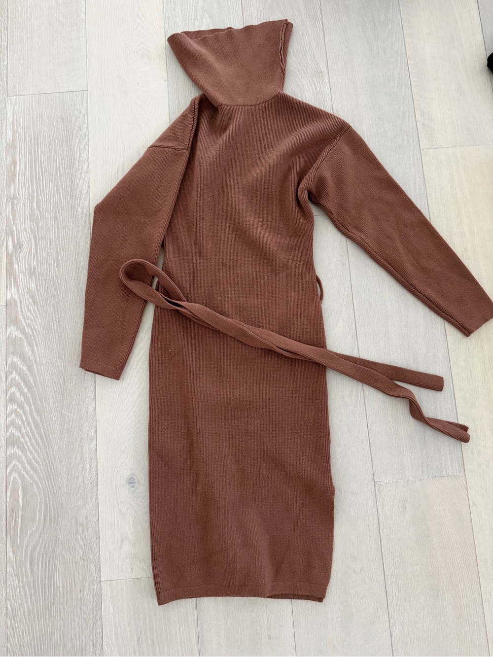 Fashion Nova Brown Ribbed Turtleneck Belted Midi Dress